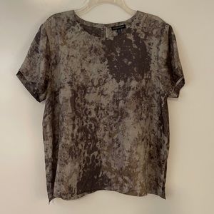 Eileen Fisher Women Marbled Taupe Minimalist 100% Silk Short Sleeve Top sz L